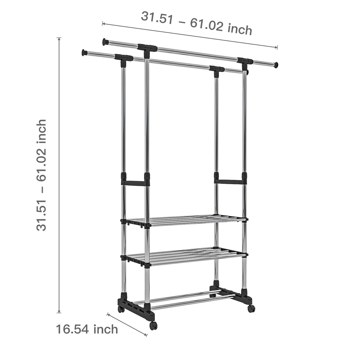 Adjustable Garment Rack with 2 Tier Metal Shelf, Rolling Clothes Organizer W908