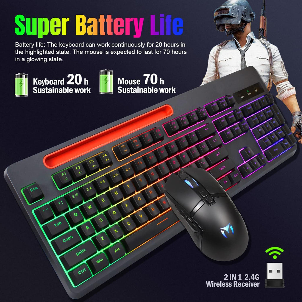 Wireless Gaming Keyboard and Mouse Combo, Rainbow Backlit Mechanical Feel, Anti-ghosting, Ergonomic Design, Tablet/Phone Bracket, Long Battery Life, Pack of 2 A7657