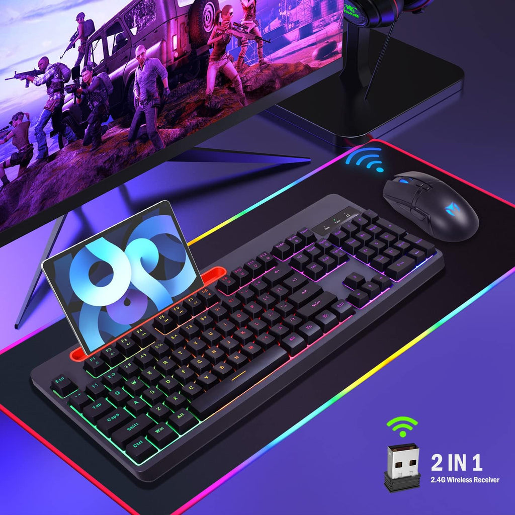 Wireless Gaming Keyboard and Mouse Combo, Rainbow Backlit Mechanical Feel, Anti-ghosting, Ergonomic Design, Tablet/Phone Bracket, Long Battery Life, Pack of 2 A7657