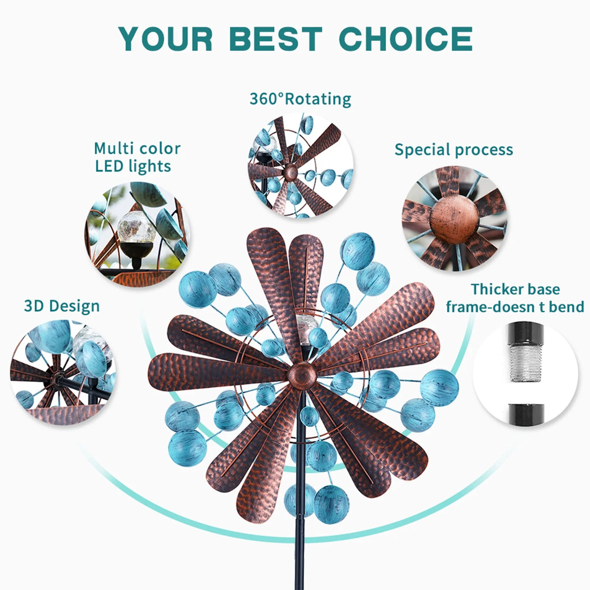 Blue&Brown 84 inch Solar-Powered Metal Wind Spinner K453