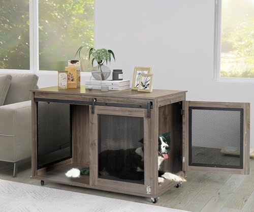 47 Inch Wooden Dog Crate Furniture with Sliding Doors and Wheels C85498