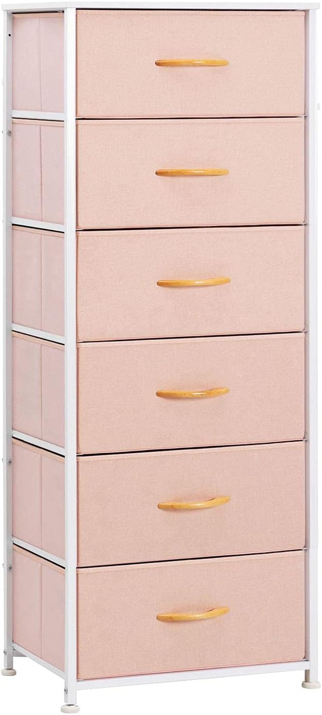 Gray Fabric 6 Drawers Vertical Storage Tower with Metal Frame and Wooden Top F892378