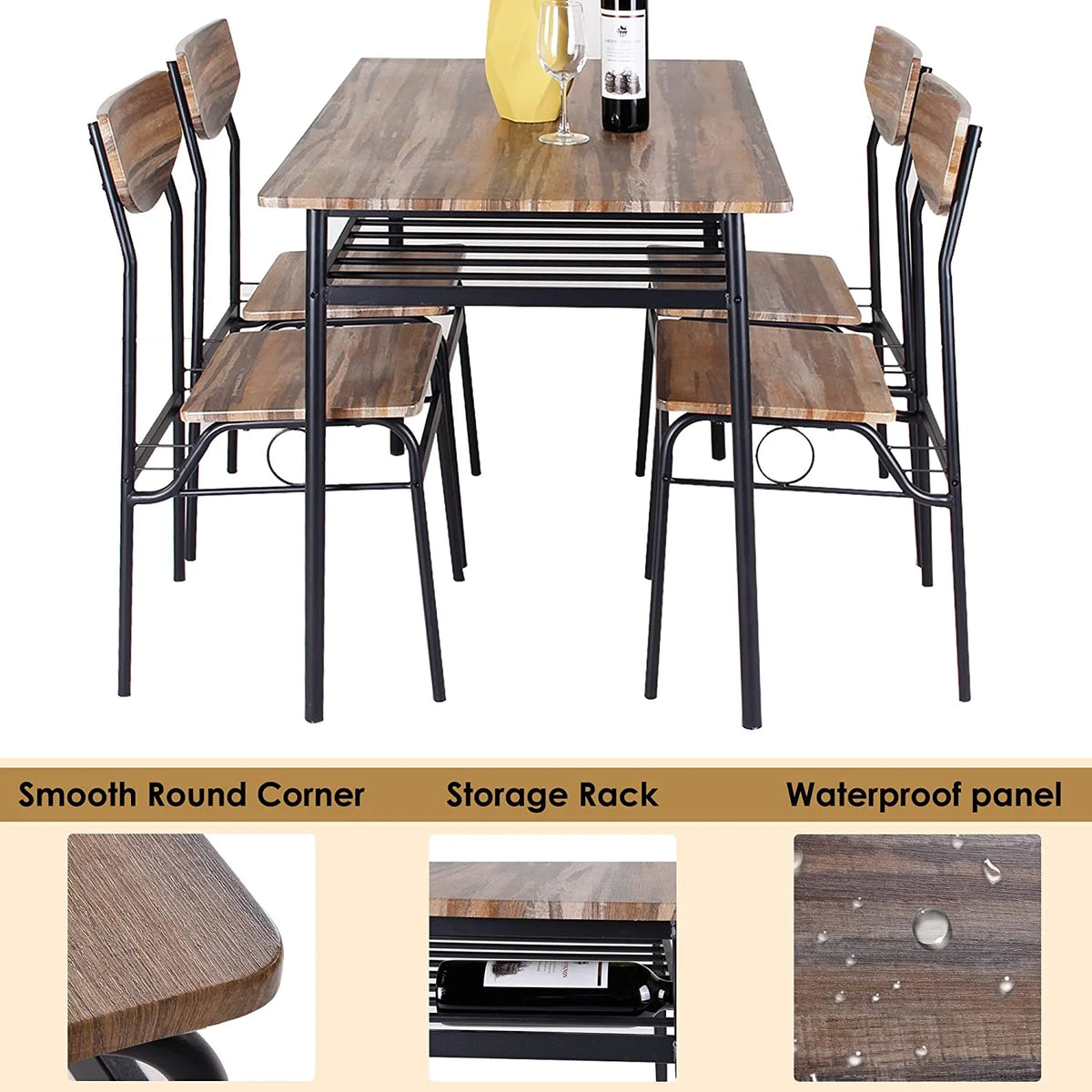 5 Piece Dining Table Set with 4 Chairs and Storage Rack, Wooden Top and Metal Legs, Rustic Brown L44450