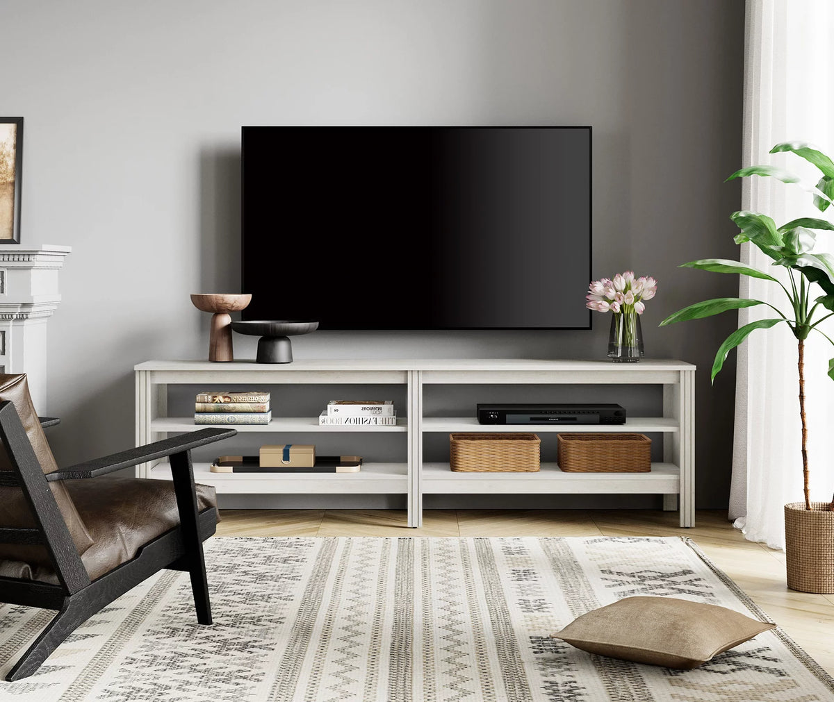 White 70 inch Wood TV Stand with 4 Cubby L21455