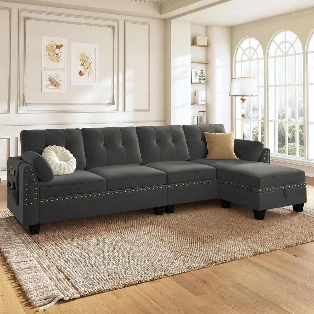 Black Velvet L Shaped Sectional Couch with Storage Ottoman U735420