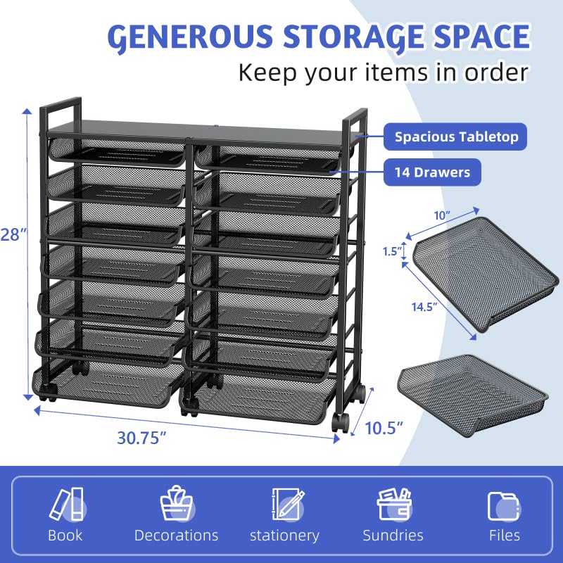 14 Tier Rolling File Cart with Sliding Trays, Black Q2395