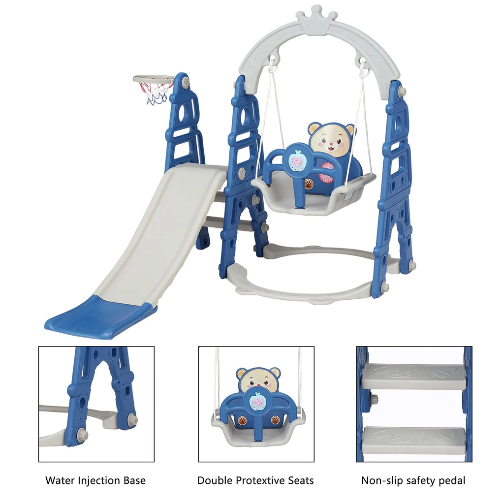 Blue Kids 5-in-1 Slides Climbing Swing Set I44001