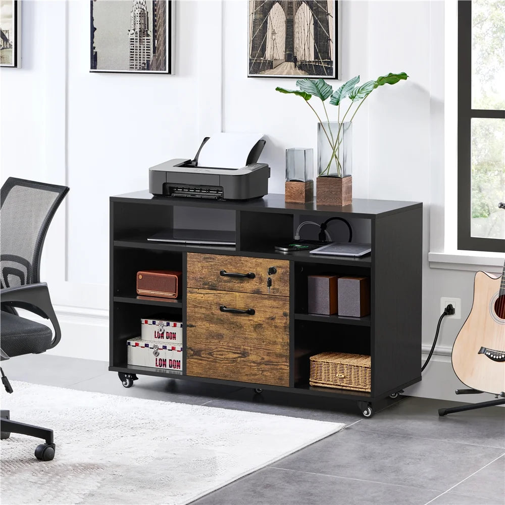 Black Rustic Brown Rolling File Cabinet with Power Outlet F74741