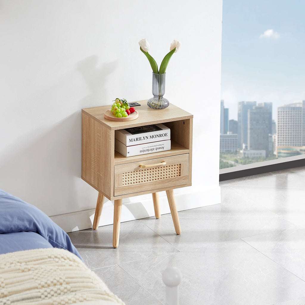 Rattan Wood Nightstand 1 Drawer with Socket USB E665847