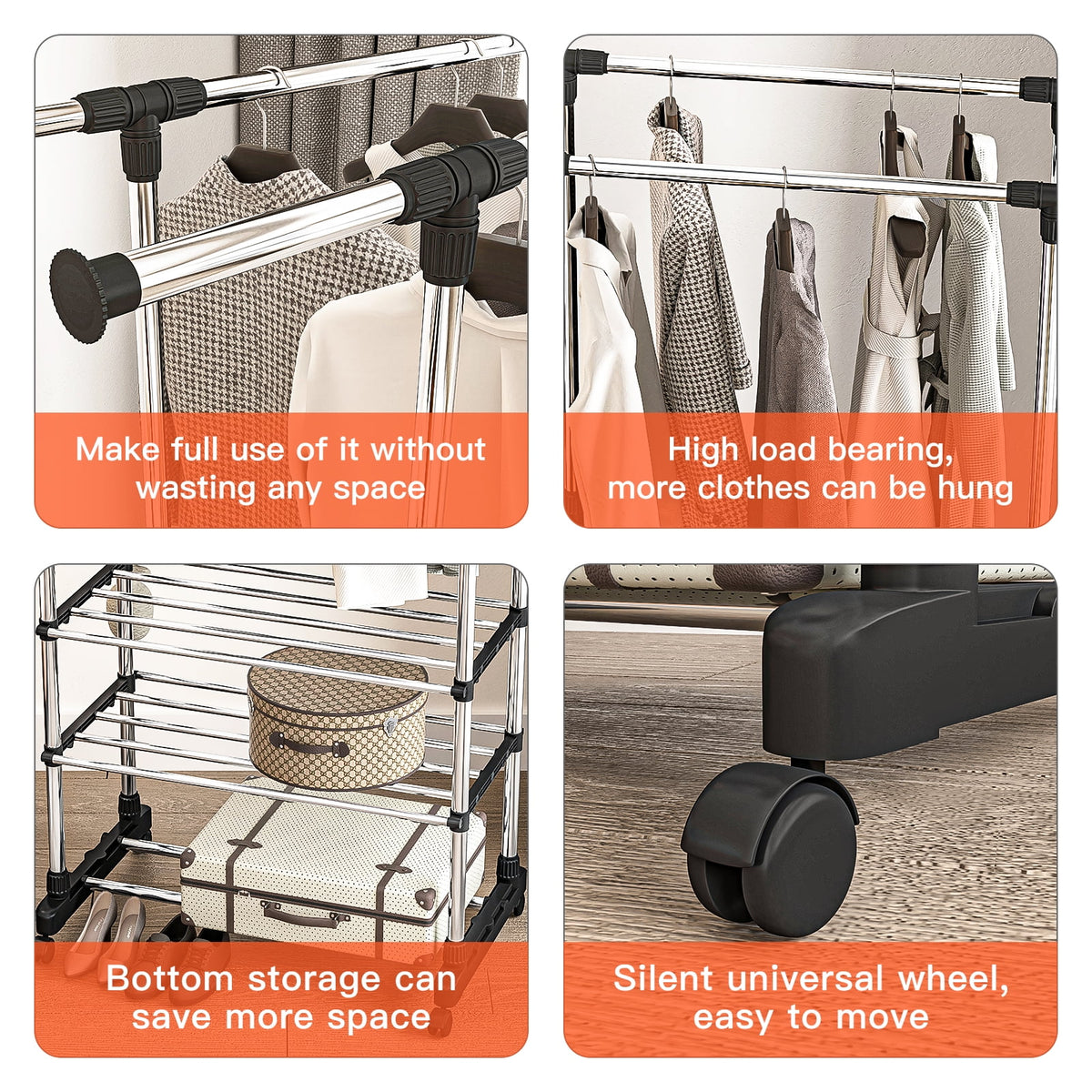 Adjustable Garment Rack with 2 Tier Metal Shelf, Rolling Clothes Organizer W908