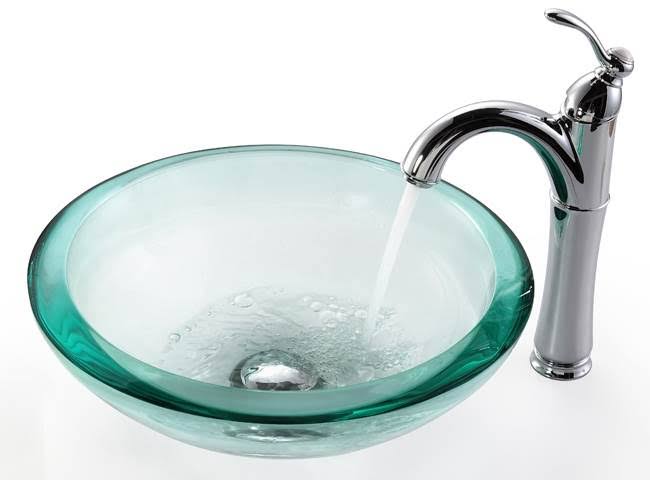 Glass Circular Vessel Bathroom Sink with Faucet, Satin Nickel E50329
