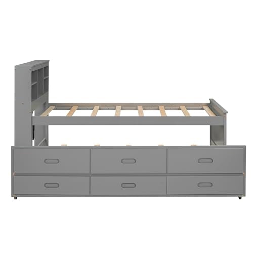 Gray Full Size Bookcase Bed with Trundle and Storage Drawers J5899