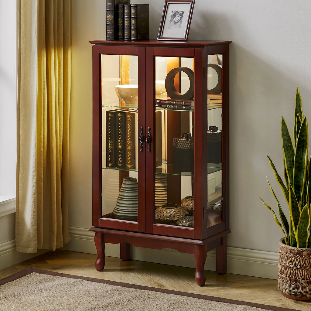 3 Tier Curio Cabinet with Tempered Glass Doors, Cherry W1769