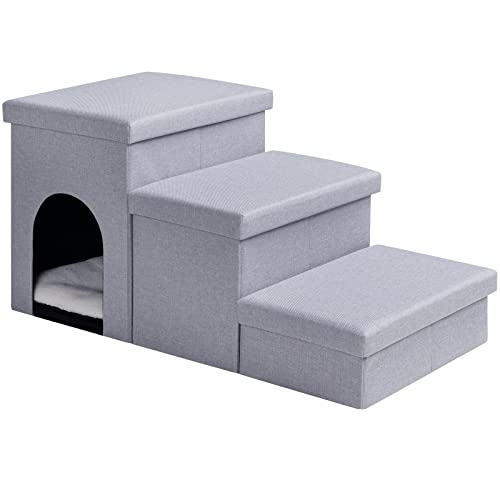 Gray 3 Steps Dog Stairs with Storage K725