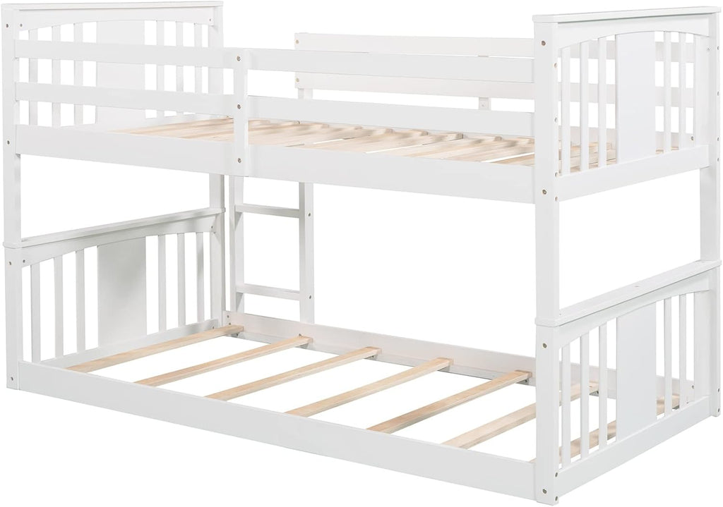 White Twin over Twin Low Bunk Bed Frame Wood J9320