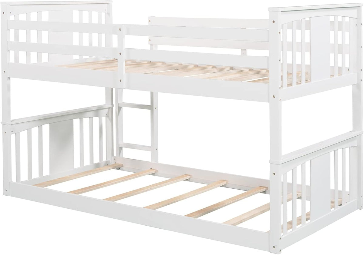 White Twin over Twin Low Bunk Bed Frame Wood J9320