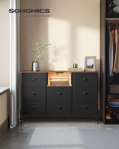 Fabric Dresser with Power Outlets and LED Lights, 8 Drawers, Ink Black and Rustic Brown E9399