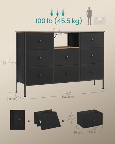 Fabric Dresser with Power Outlets and LED Lights, 8 Drawers, Ink Black and Rustic Brown E9399