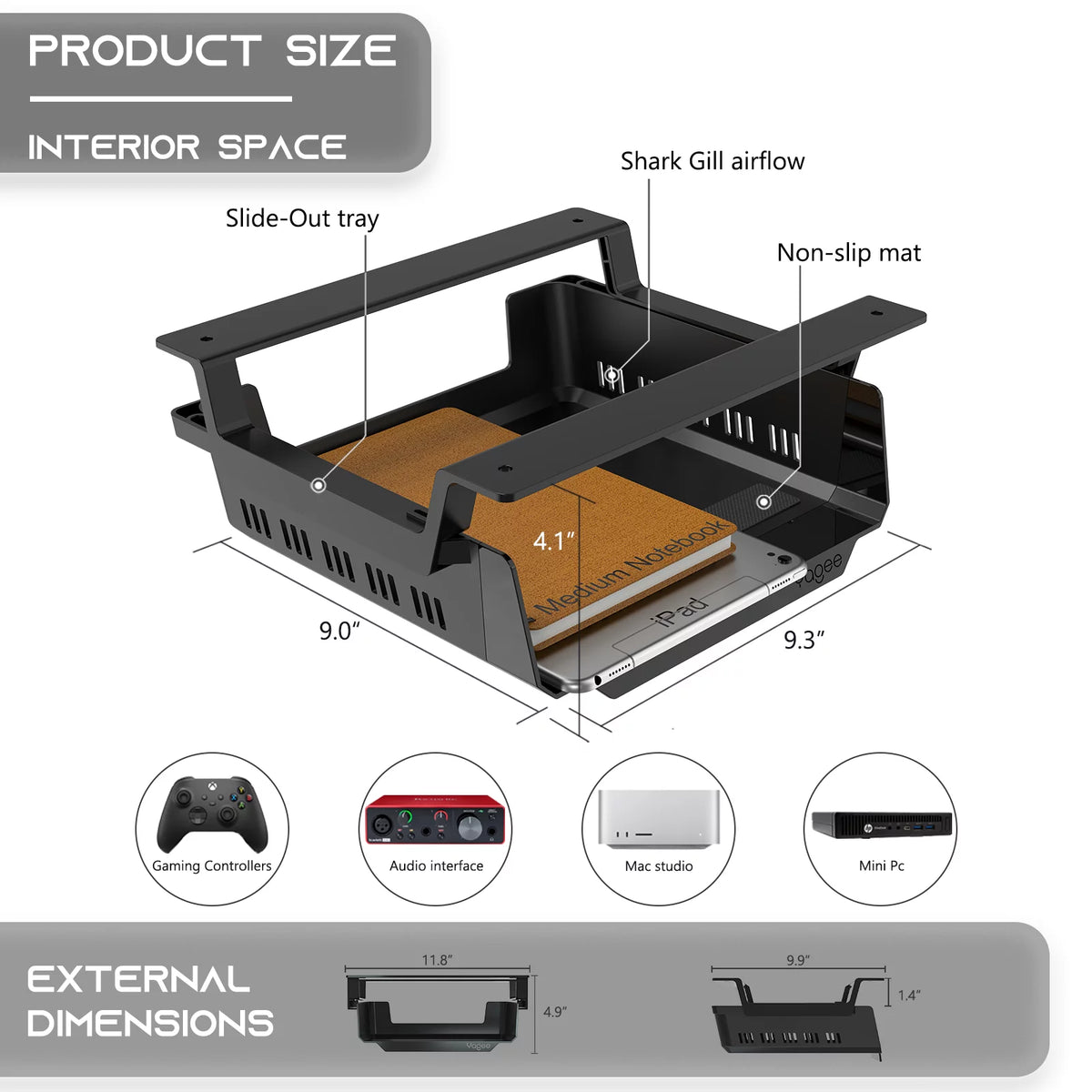 Black Self-Adhesive Under Desk Storage Shelf J64049