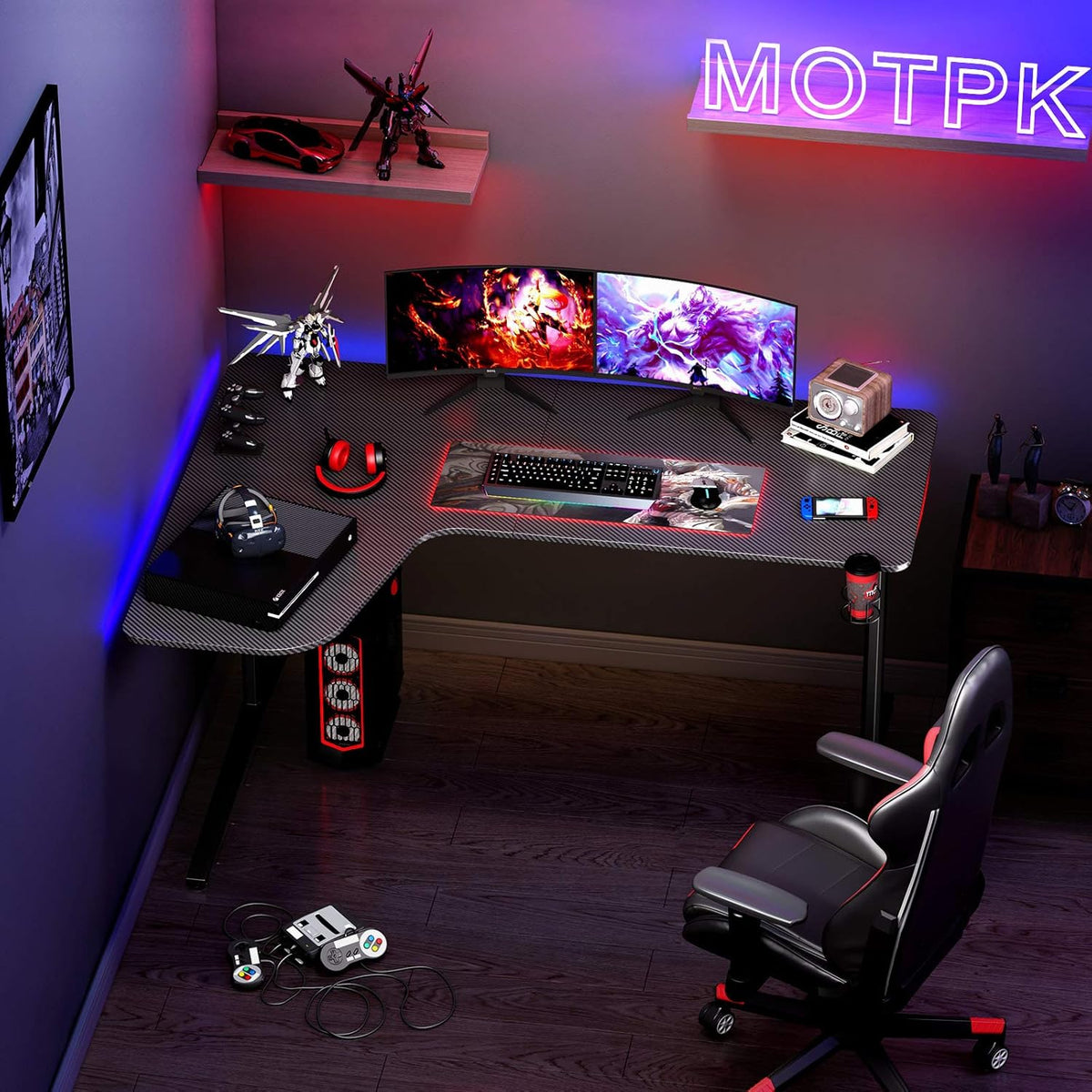 L Shaped Gaming Desk with Mouse Pad and Cup Holder W7079