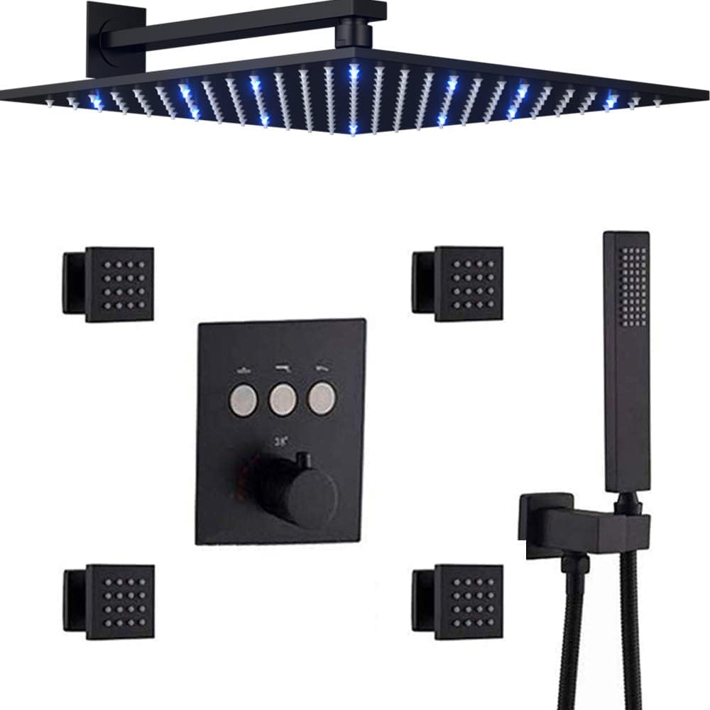 12 Inch Matte Black Thermostatic Rain Shower System Y20030