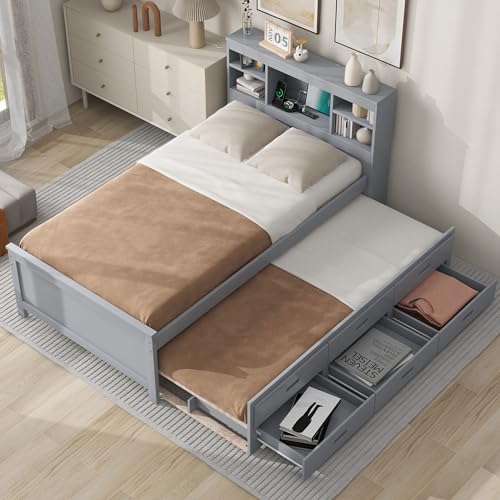 Gray Full Size Bookcase Bed with Trundle and Storage Drawers J5899