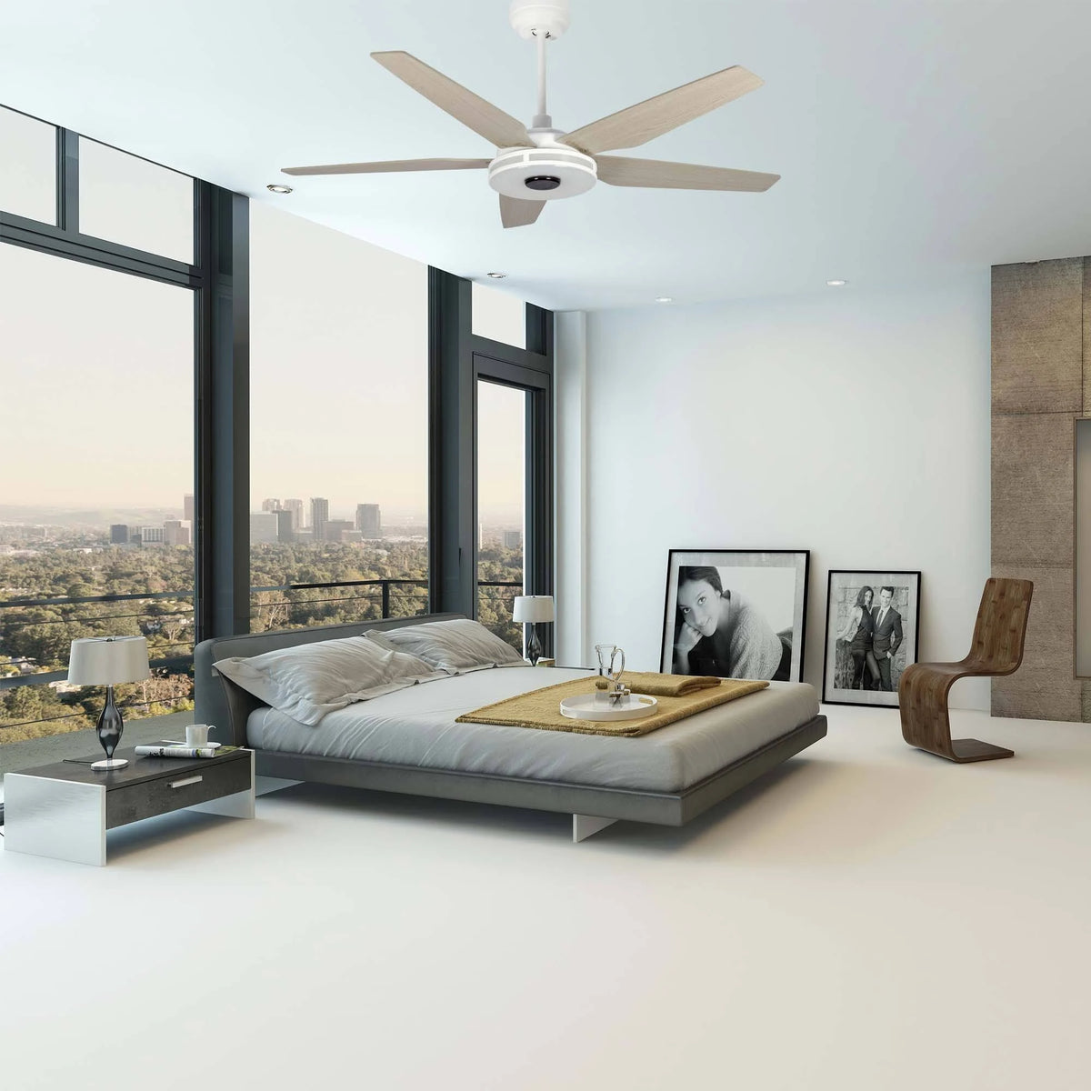 White Modern Wood Ceiling Fan T7609