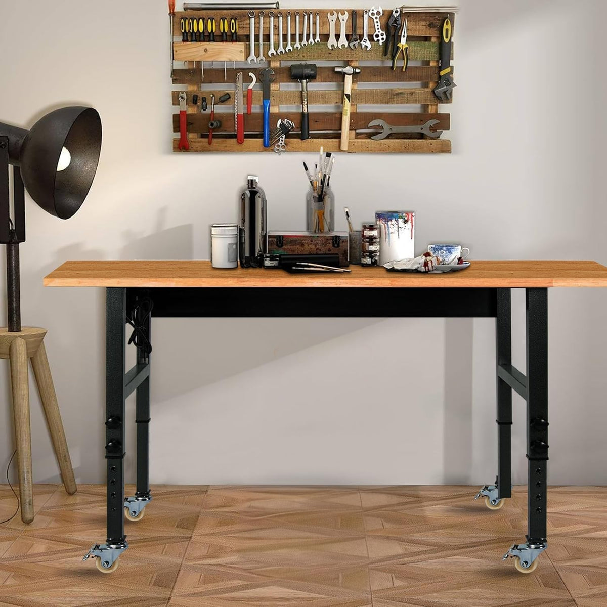 60" Adjustable Work Bench with Rubber Wood Top and Power Outlet X65342