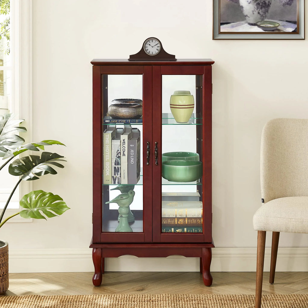 3 Tier Curio Cabinet with Tempered Glass Doors, Cherry W1769