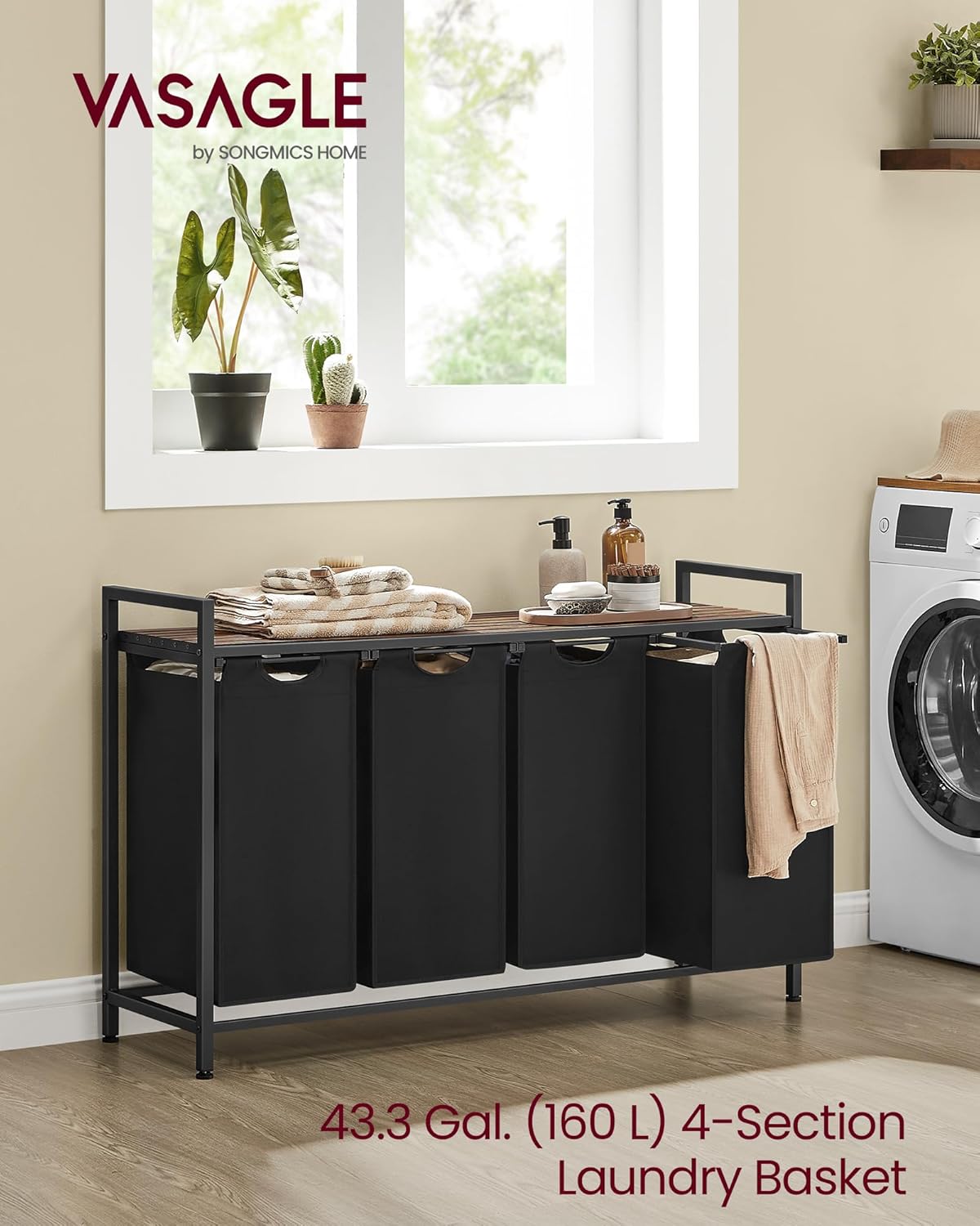 Rustic Brown and Black Laundry Hamper with 4 Removable Bags U4427