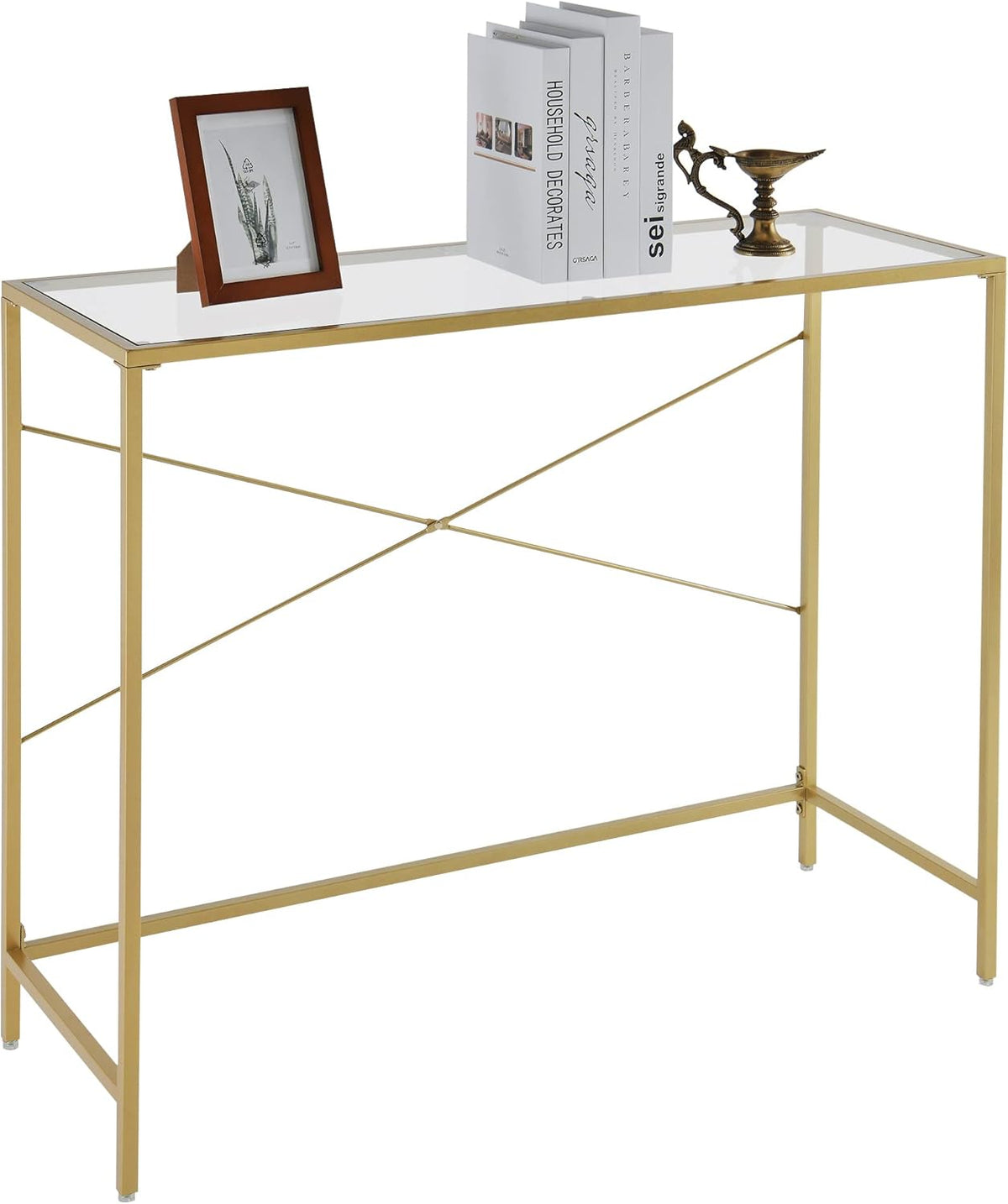 Gold 39.37" Tempered Glass Top Narrow Console Table with Metal Frame K6575