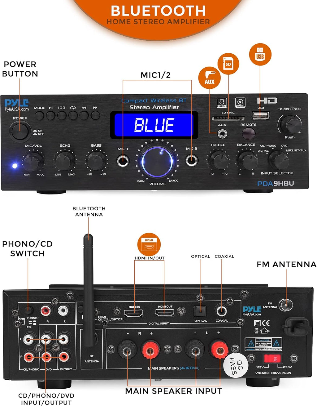 200 Watt Multi-Channel Wireless Bluetooth Home Stereo Amplifier J422