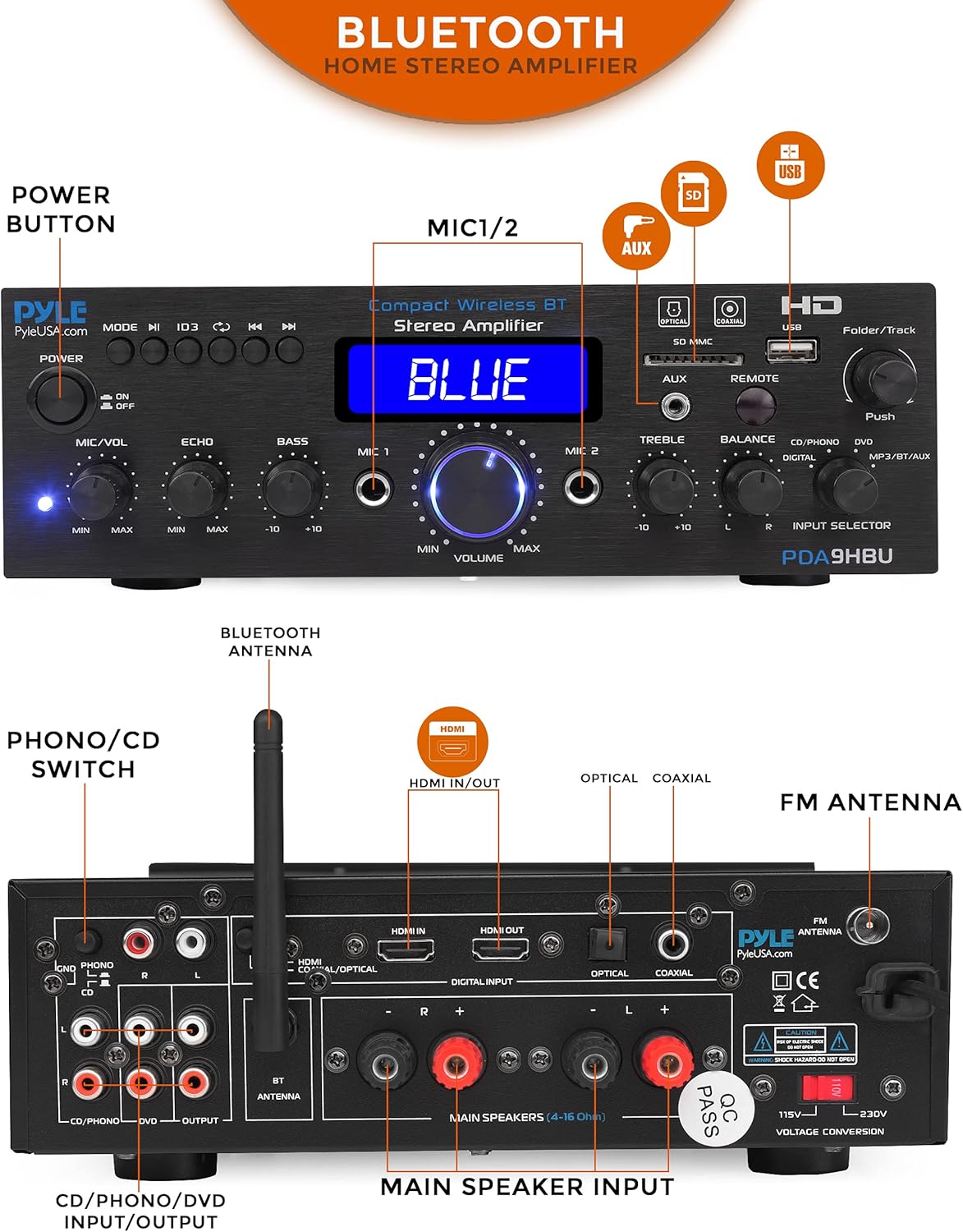 200 Watt Multi-Channel Wireless Bluetooth Home Stereo Amplifier J422