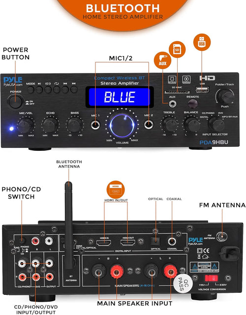 200 Watt Multi-Channel Wireless Bluetooth Home Stereo Amplifier J422