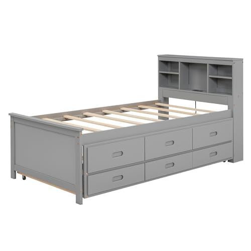 Gray Full Size Bookcase Bed with Trundle and Storage Drawers J5899