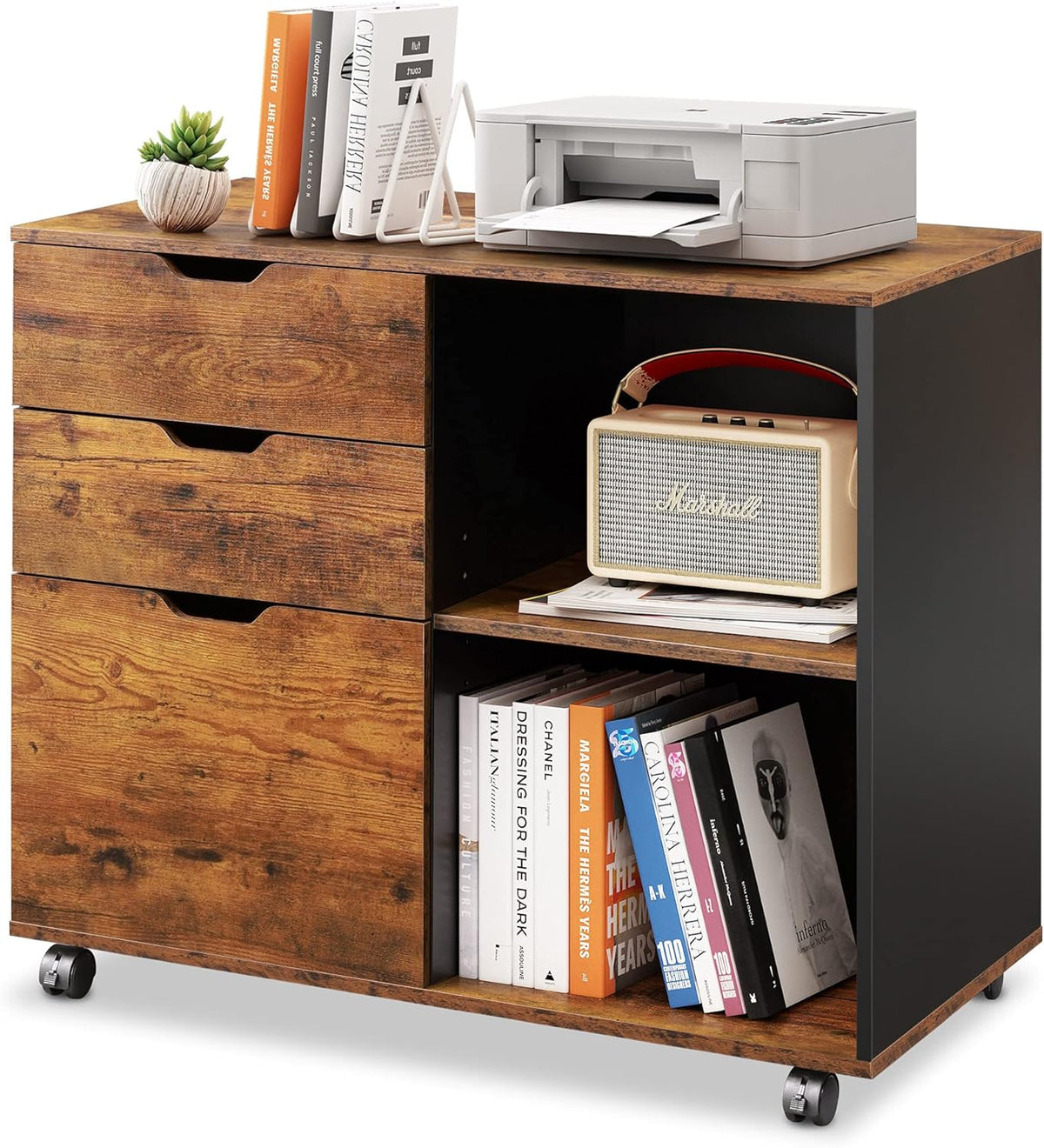 3 Drawer Wood File Cabinet with Storage Shelves, Rustic Brown L88274