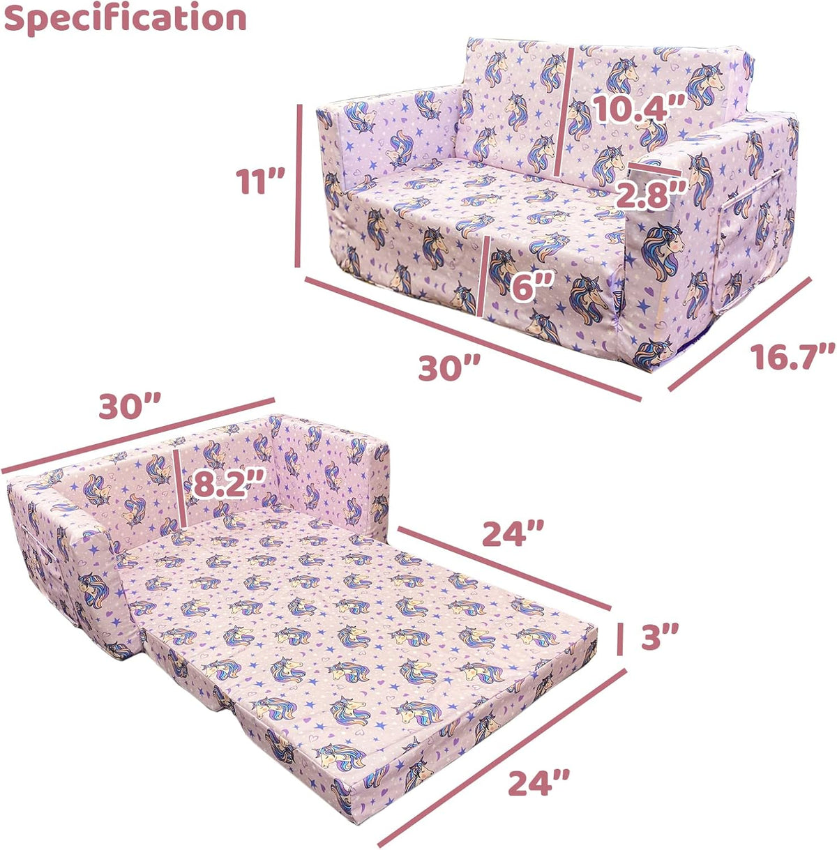 2 Seats Convertible Polyester Kids Sofa with Folding Sleeper M630269