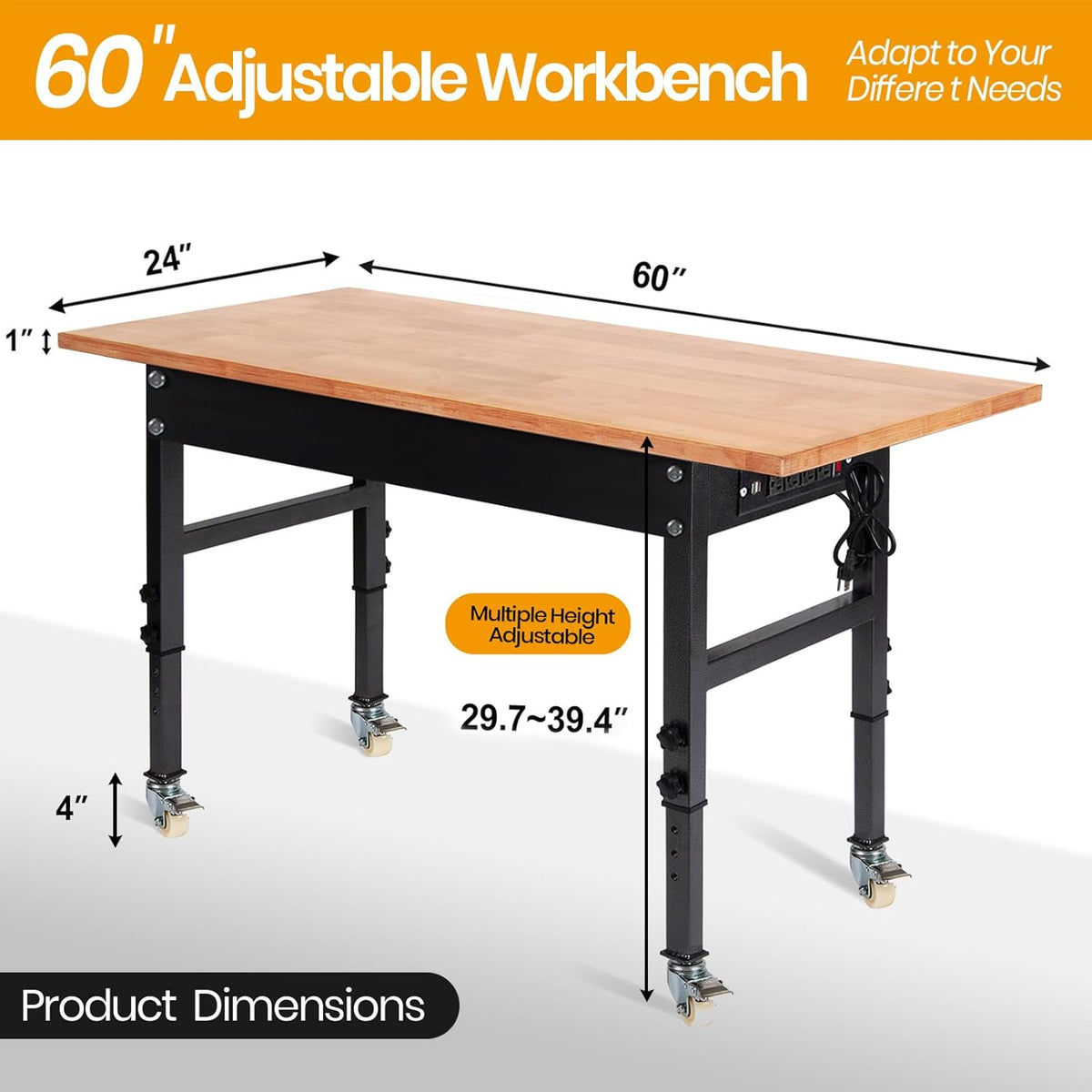 60" Adjustable Work Bench with Rubber Wood Top and Power Outlet X65342