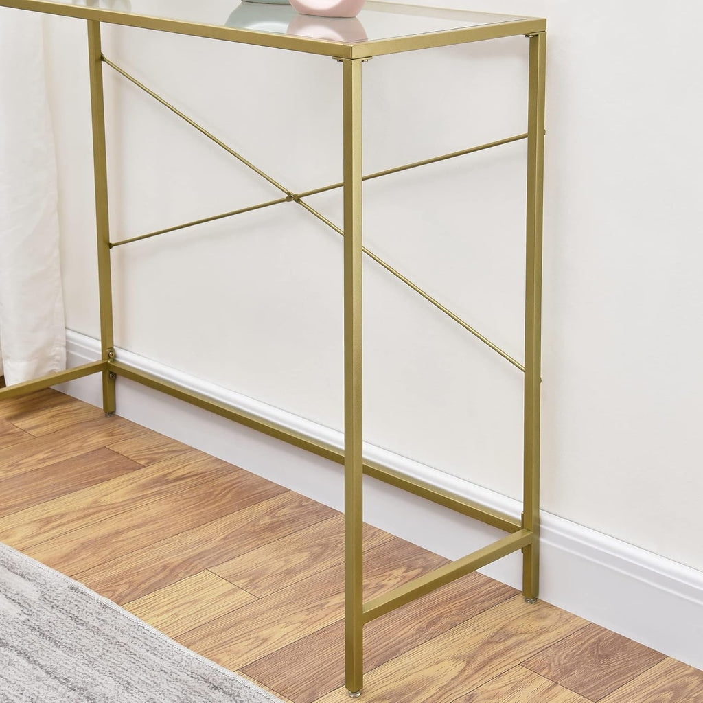 Gold 39.37" Tempered Glass Top Narrow Console Table with Metal Frame K6575