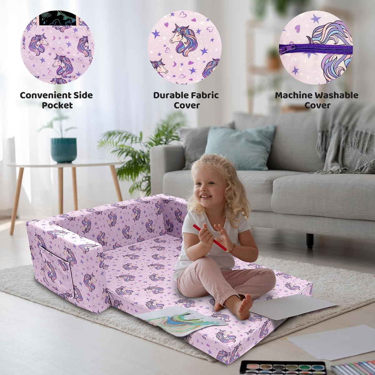 2 Seats Convertible Polyester Kids Sofa with Folding Sleeper M630269