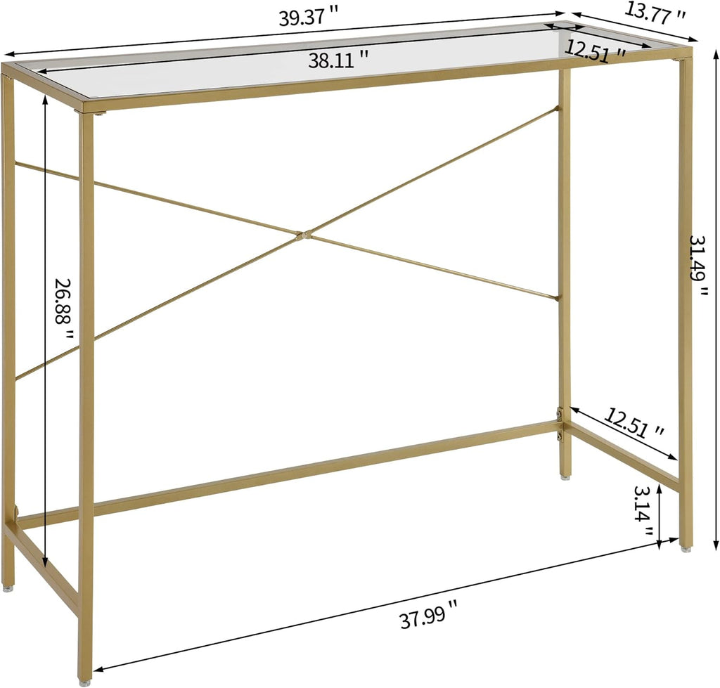 Gold 39.37" Tempered Glass Top Narrow Console Table with Metal Frame K6575
