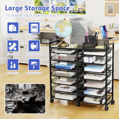 14 Tier Rolling File Cart with Sliding Trays, Black Q2395