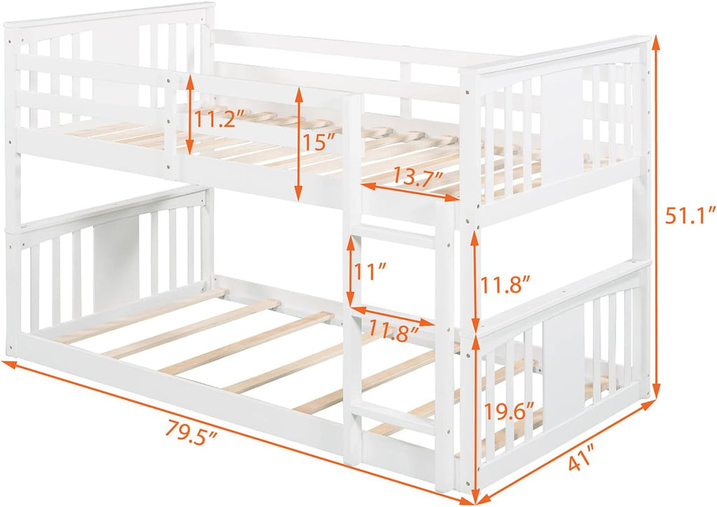 White Twin over Twin Low Bunk Bed Frame Wood J9320