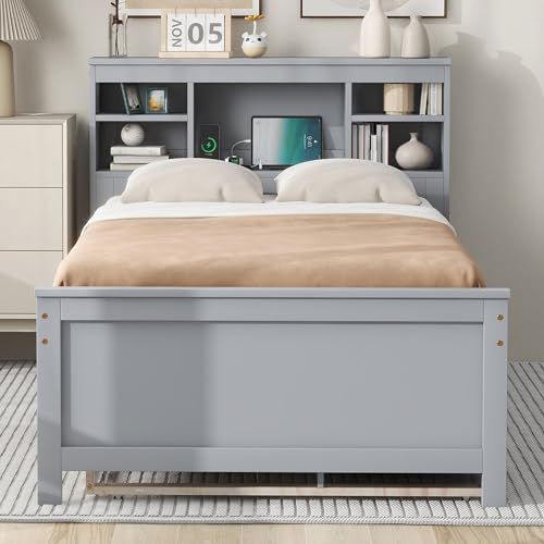 Gray Full Size Bookcase Bed with Trundle and Storage Drawers J5899