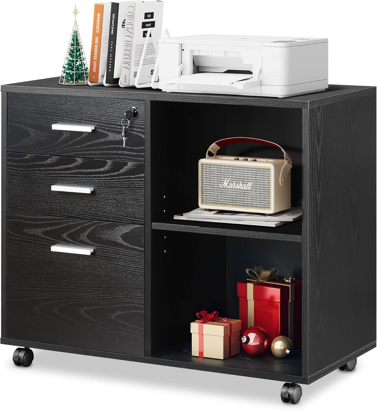 Black 3 Drawer Wood File Cabinet with Lock A24659