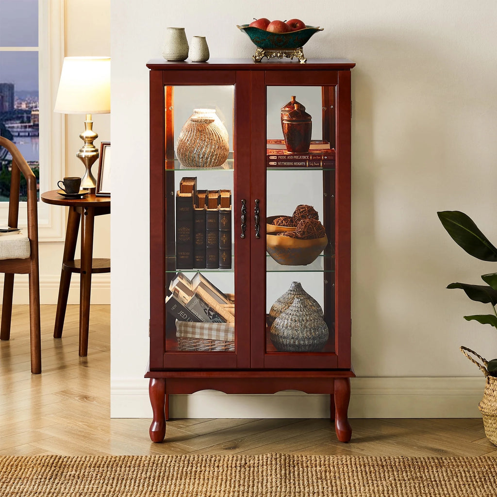 3 Tier Curio Cabinet with Tempered Glass Doors, Cherry W1769