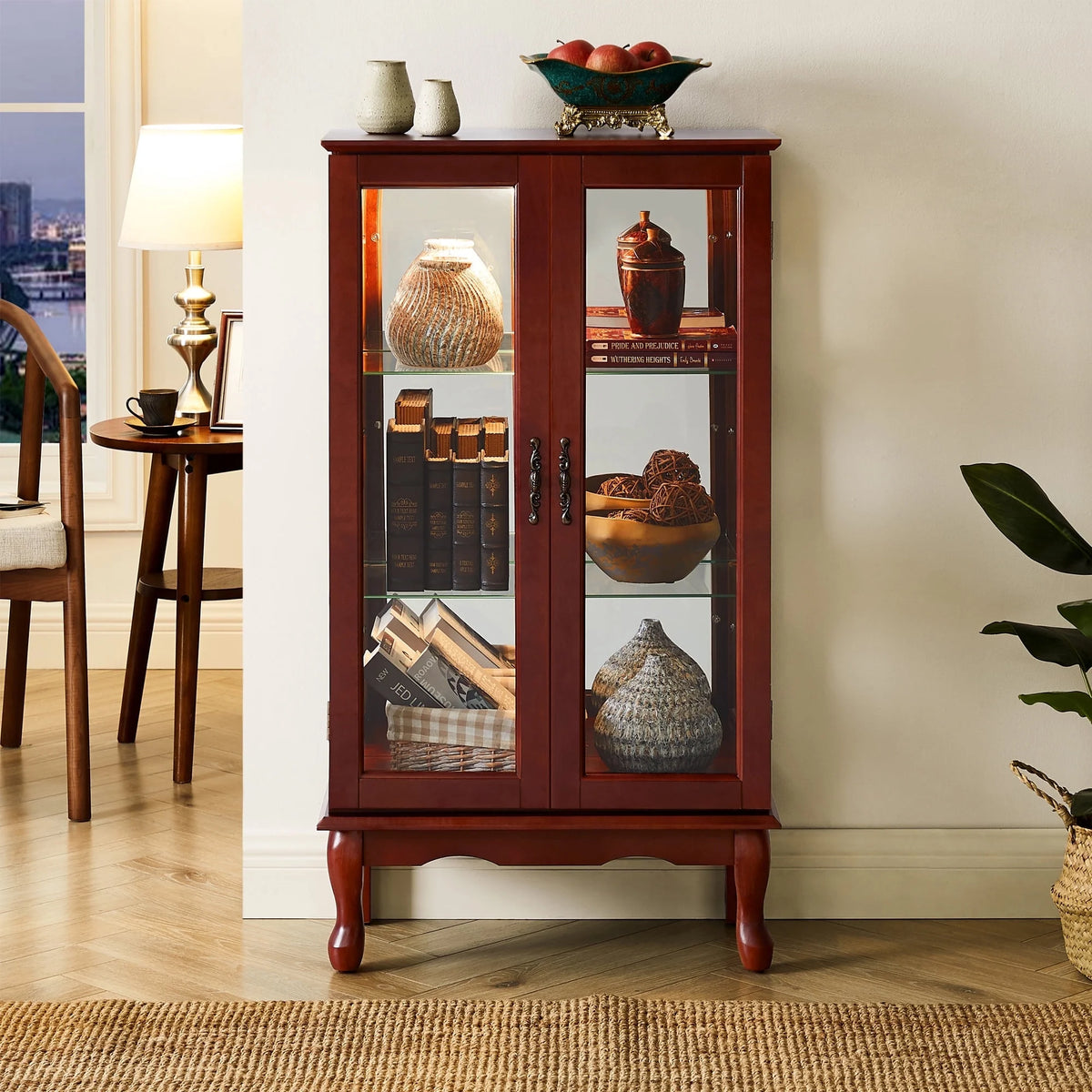 3 Tier Curio Cabinet with Tempered Glass Doors, Cherry W1769