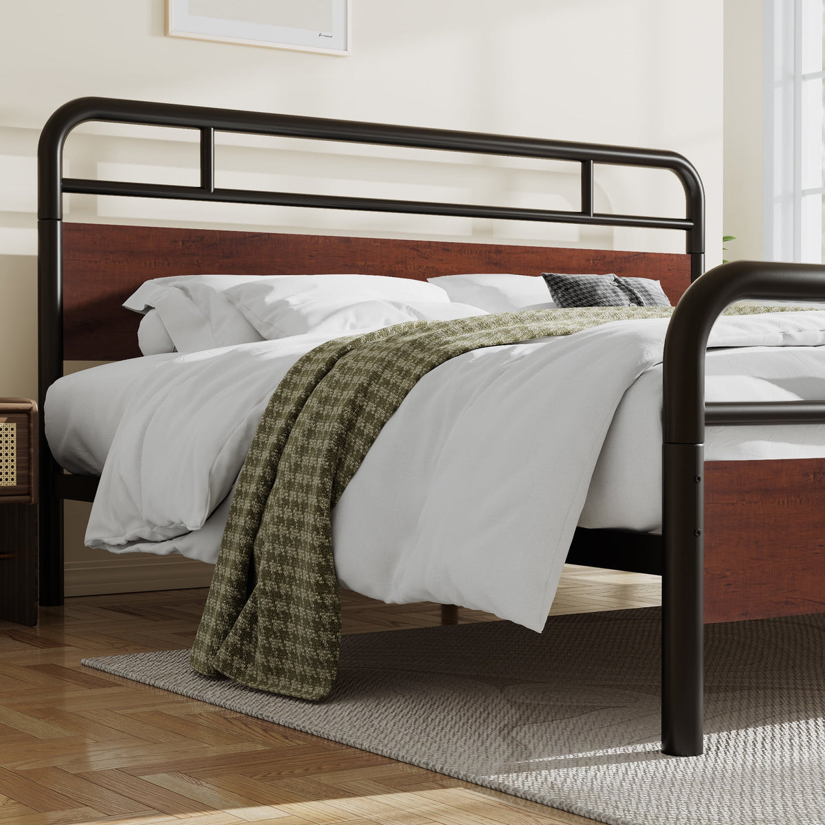 Dark Brown King Size Metal Platform Bed Frame with Wooden Headboard K927