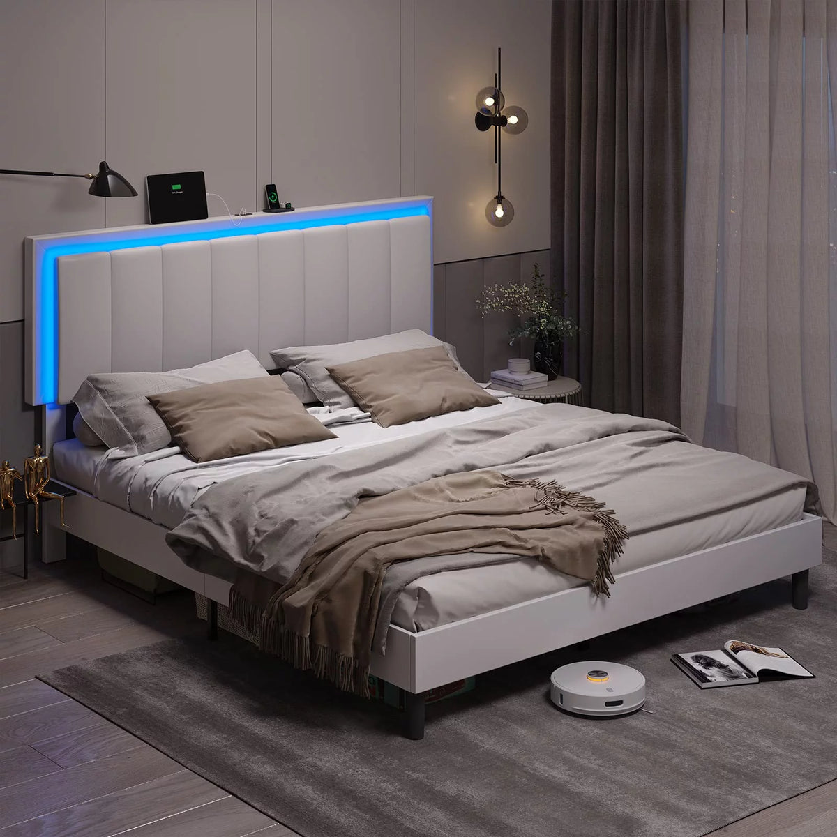 White Queen Upholstered Platform Bed Frame with Charging Station and LED Lights Y679
