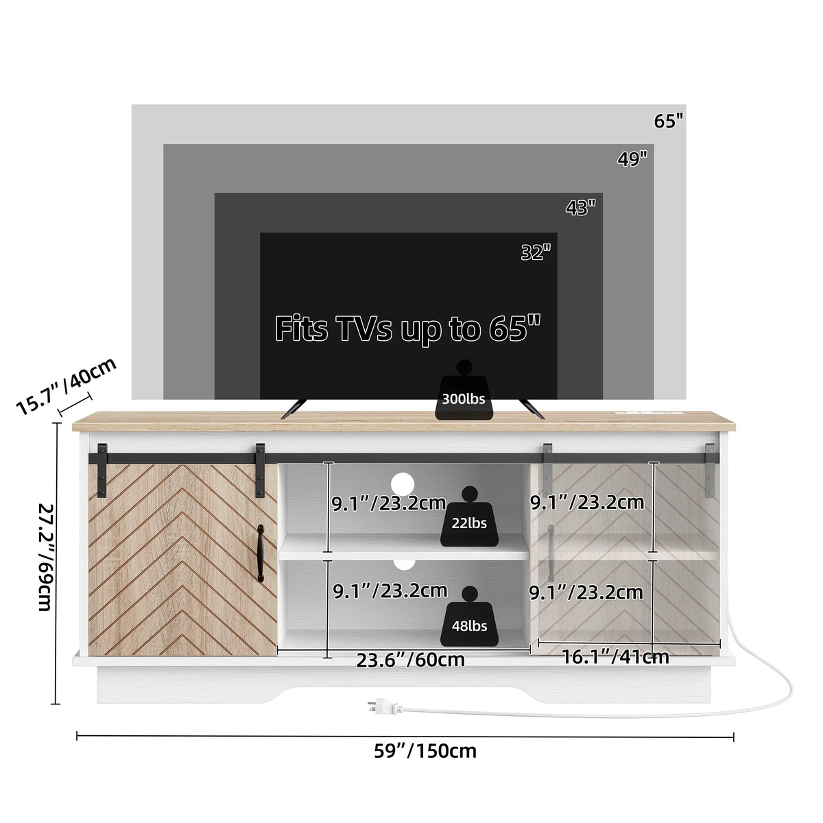 Oak Wood TV Stand with Outlets & USB Ports V397